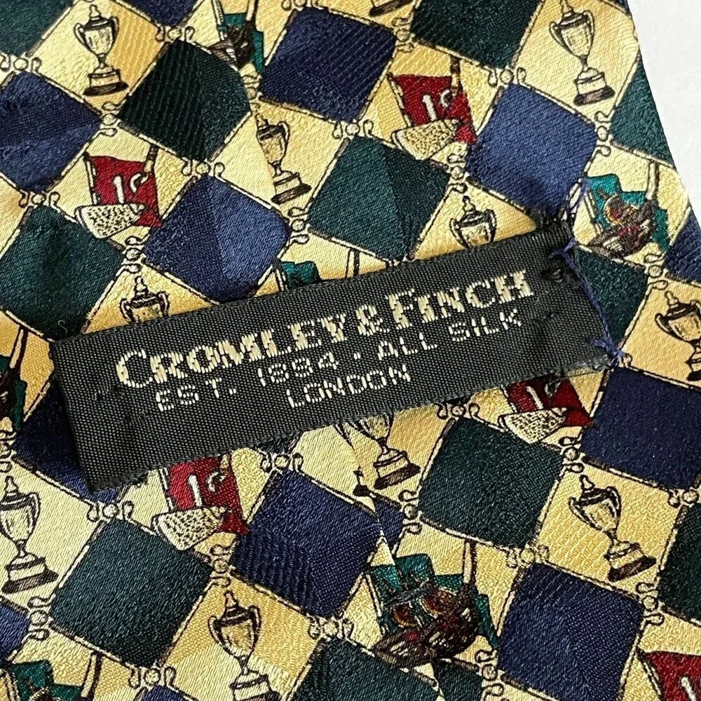 Cromley & Finch London GOLF CLUB TROPHY Necktie Silk Burgundy Navy Green Vintage